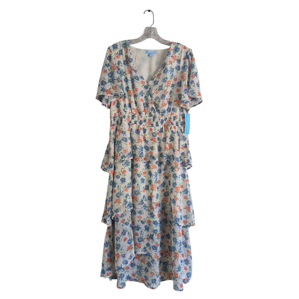 NWT Draper James Midi Dress Size M Blue/Coral Feminine Cottage Summer Romantic